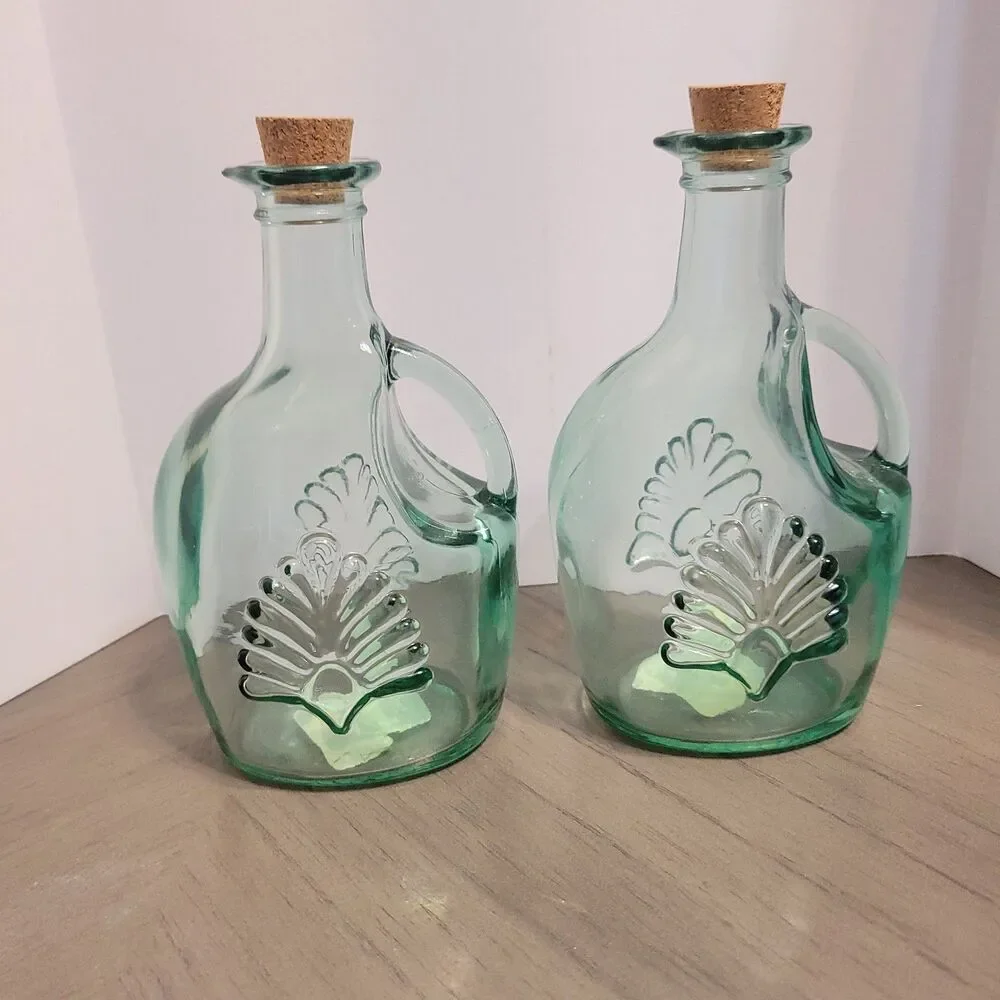 2 Vintage Libbey Glass Heavy Green Recycled Glass Embossed Shell 7